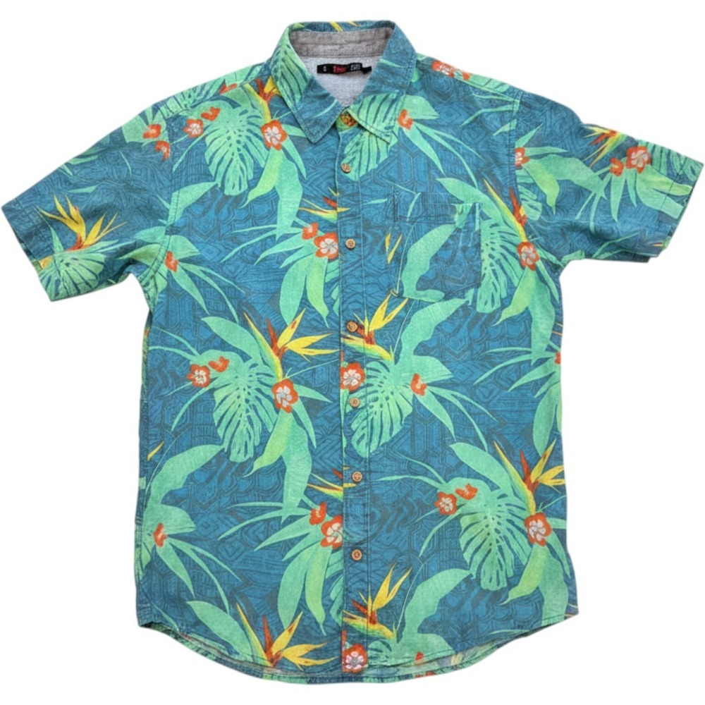 Stoic Mens Blue Tropical Bird of Paradise Floral Cotton Button Down Shirt Size M